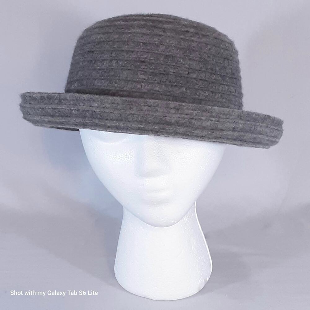 💎Womens Bowler Hat Ribbed Gray Wool Rolled Brim